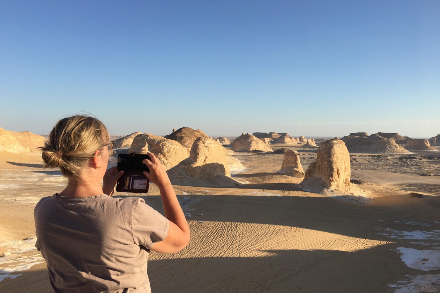 The surreal, mushroom-shaped rock formations of the White Desert in Egypt