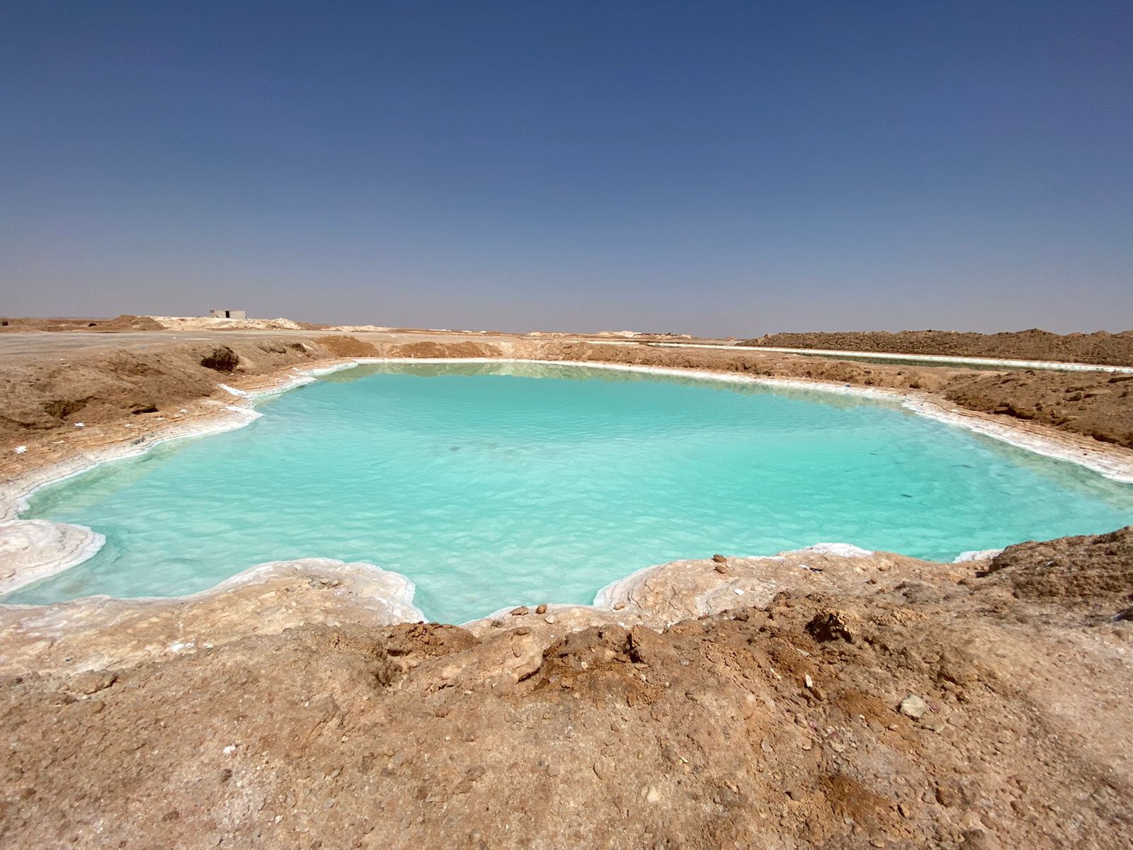 Ampia superficie di un lago salato color turchese nell'Oasi di Siwa, con sponde bianche di depositi di sale e il paesaggio desertico sullo sfondo