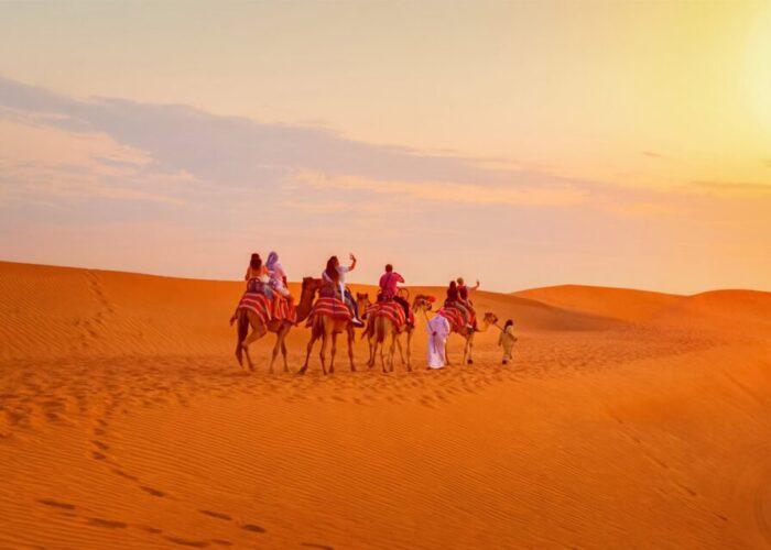 Camel riders silhouetted against a vibrant sunset over the desert near Sharm El Sheikh, creating a dramatic and picturesque scene
