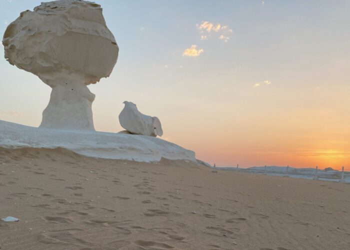 Plusieurs roches champignons blanches se dressant dans le Désert Blanc sous un coucher de soleil