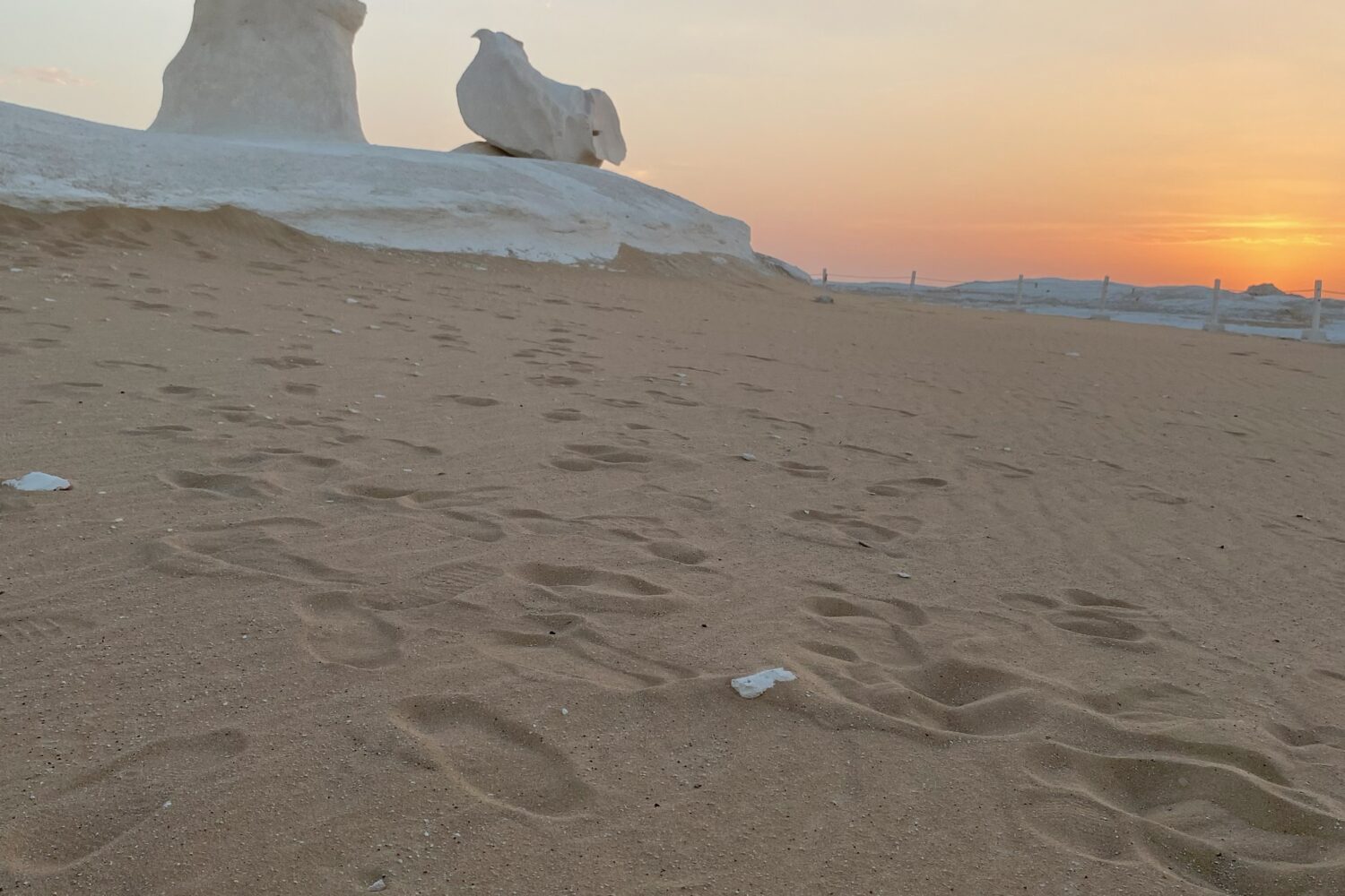 Mushroom-shaped rock formations in the White Desert, dramatically lit by the setting