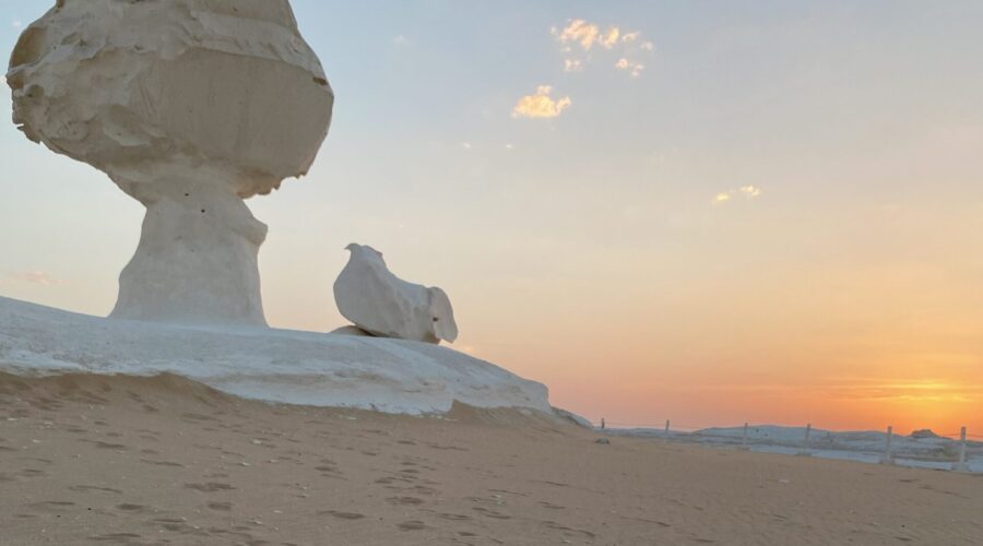 Mushroom-shaped rock formations in the White Desert, dramatically lit by the setting