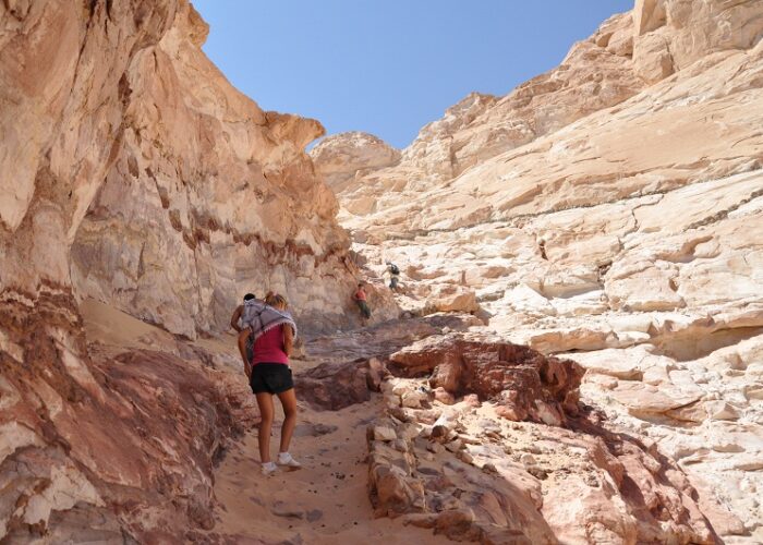 Les parois rocheuses du Canyon Coloré dans le Sinaï, affichant des strates de couleurs vives et des motifs naturels