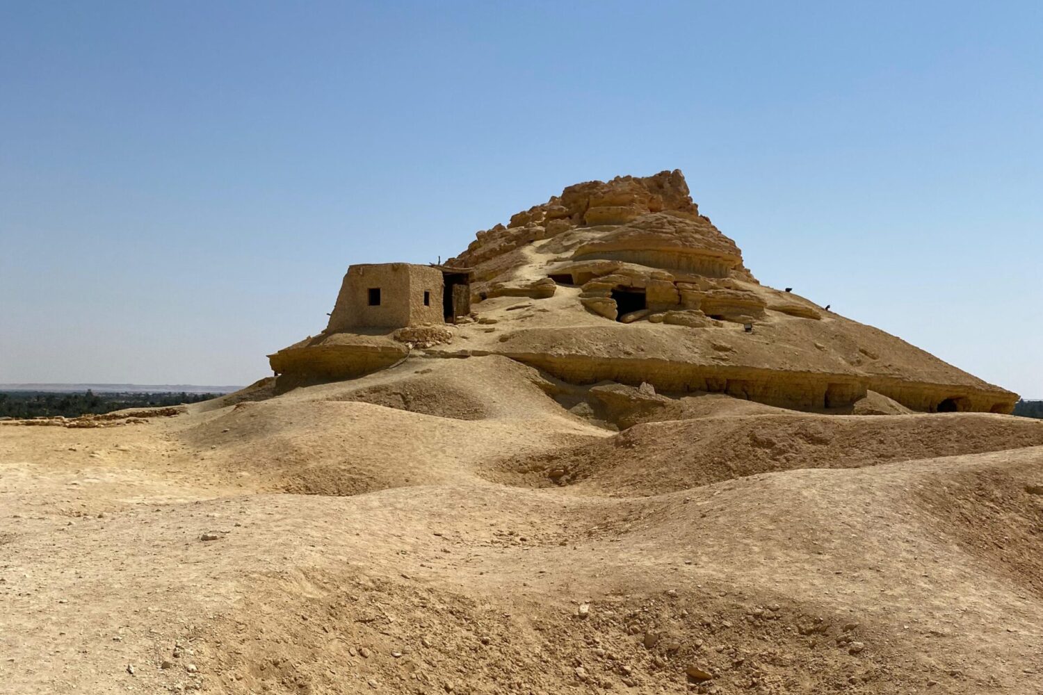 Vue de la Montagne des Morts à Siwa, avec ses tombes antiques creusées dans la roche et son aspect désertique